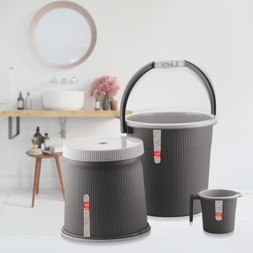 Liza Newton Bathroom Accessories Set Plastic Bath Set Bathroom Bucket, Mug, Stool 3 Pieces Combo Set for Home, Kitchen & Bathroom (Pack of 3) Bathroom Accessories Set (Black)