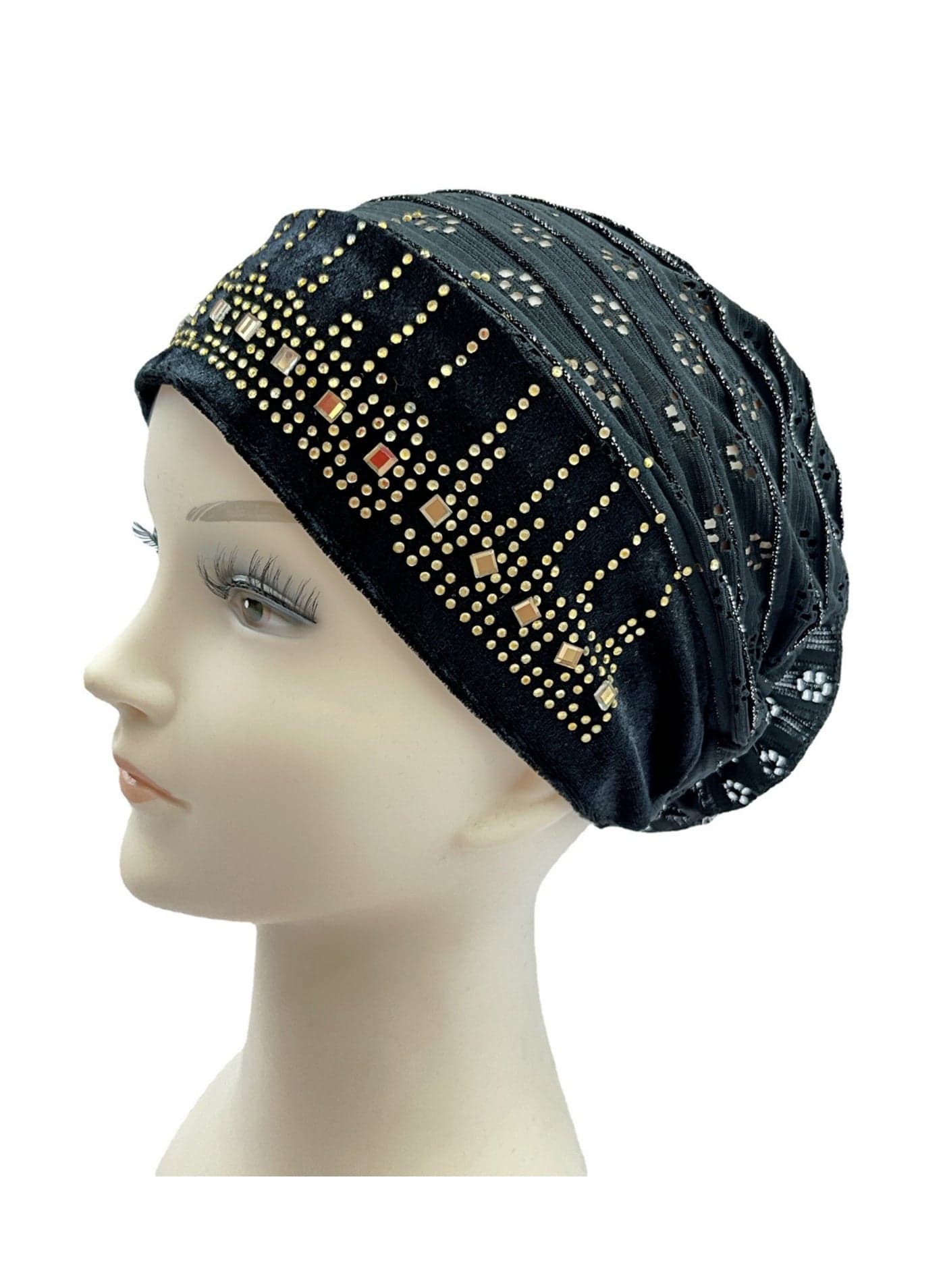 Arabic headscarf with hot stamping and mixed graphic patterns, hollowed out and spliced Muslim hat