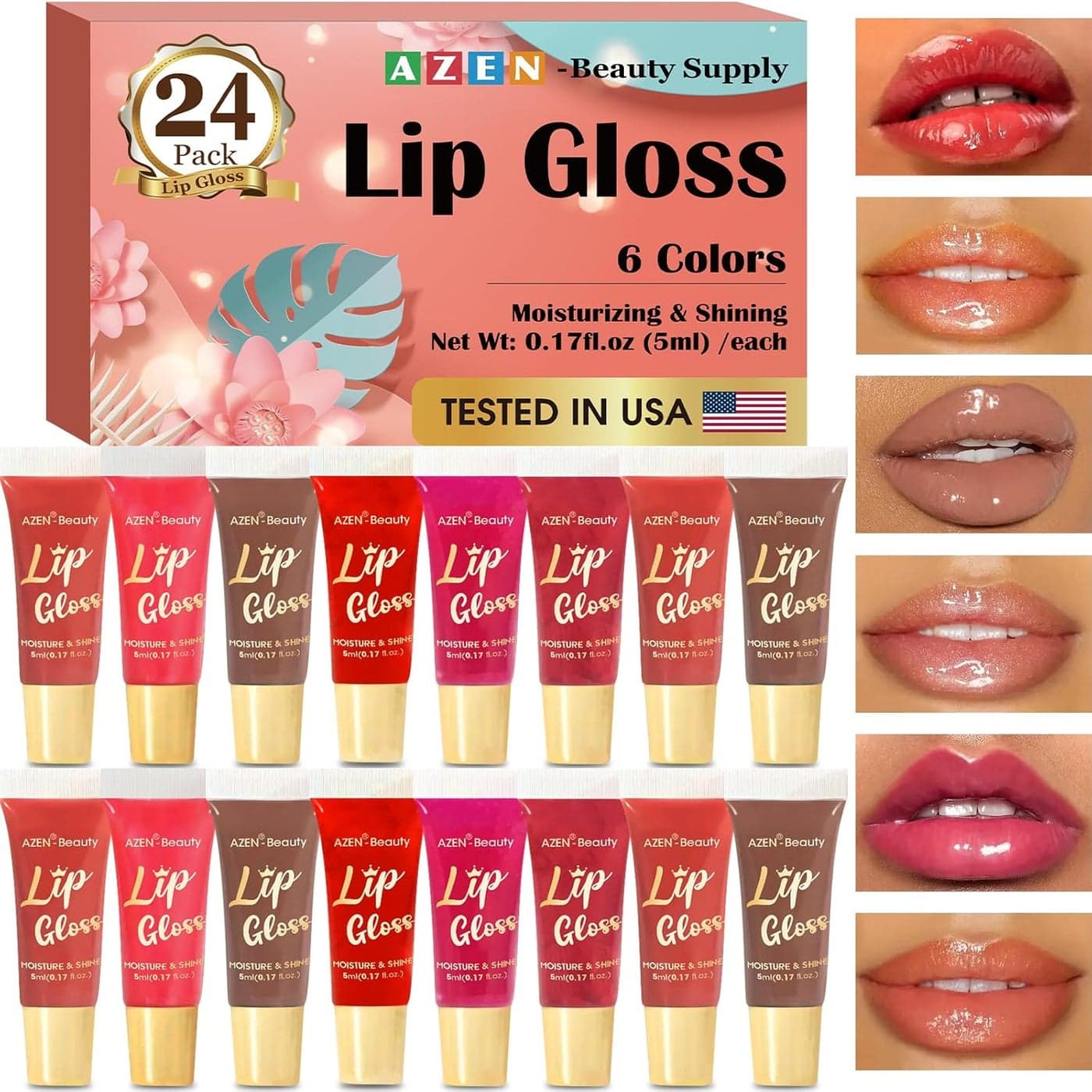 AZEN 24 Pack Lip Gloss Set Lip Oil for Dry Cracked Lips Moisturizing Hydrating Nourishing with Vitamin E