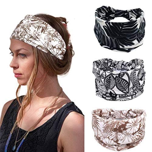 Bohend Boho Wide Headband Women Cotton Headbands Knotted Stretchy Bandeau No Slip Yoga Hairband (E)