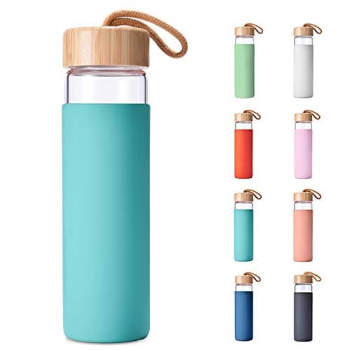 Yomious 20 Oz Borosilicate Glass Water Bottle with Bamboo Lid and Silicone Sleeve Reusable BPA Free Drinking Bottle with Lids Cute Bottle for Women Glass Shaker Bottle Arcadia