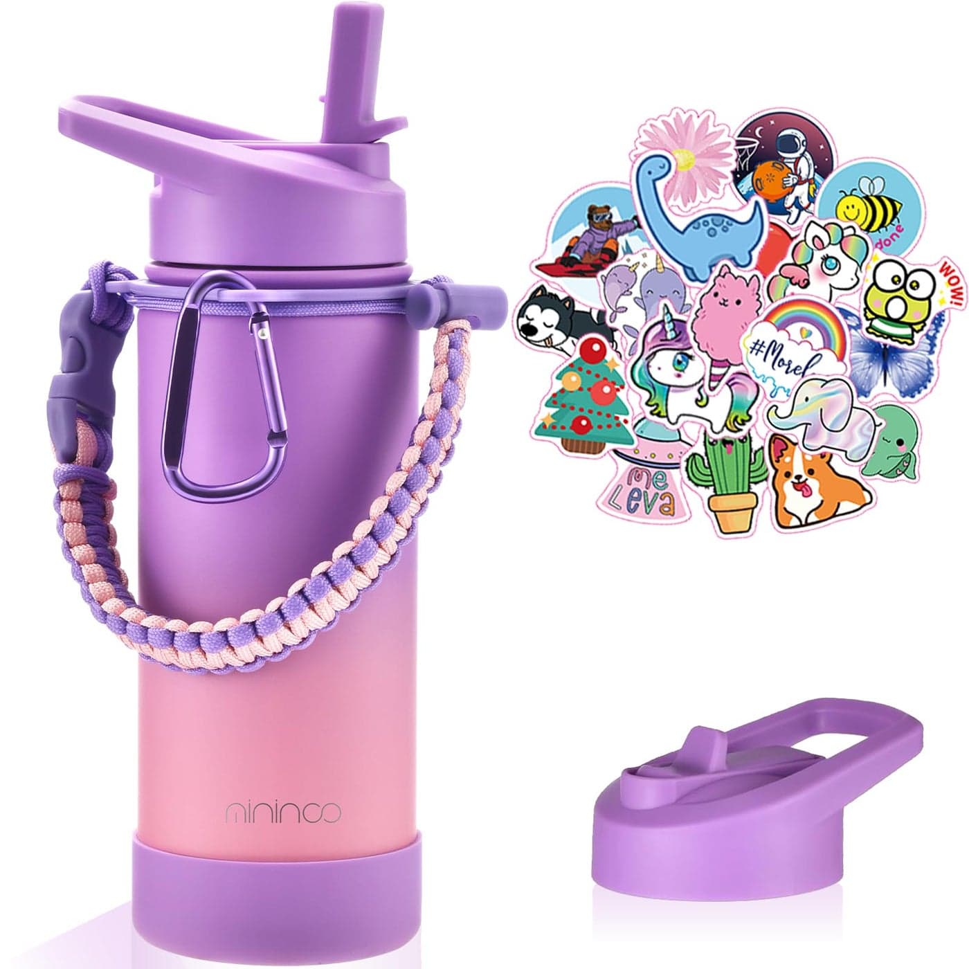 Mininoo Kids Water Bottle for School 16oz Insulated Stainless Steel Water Bottle Kids with Straw Lid for GirlsPurplePink