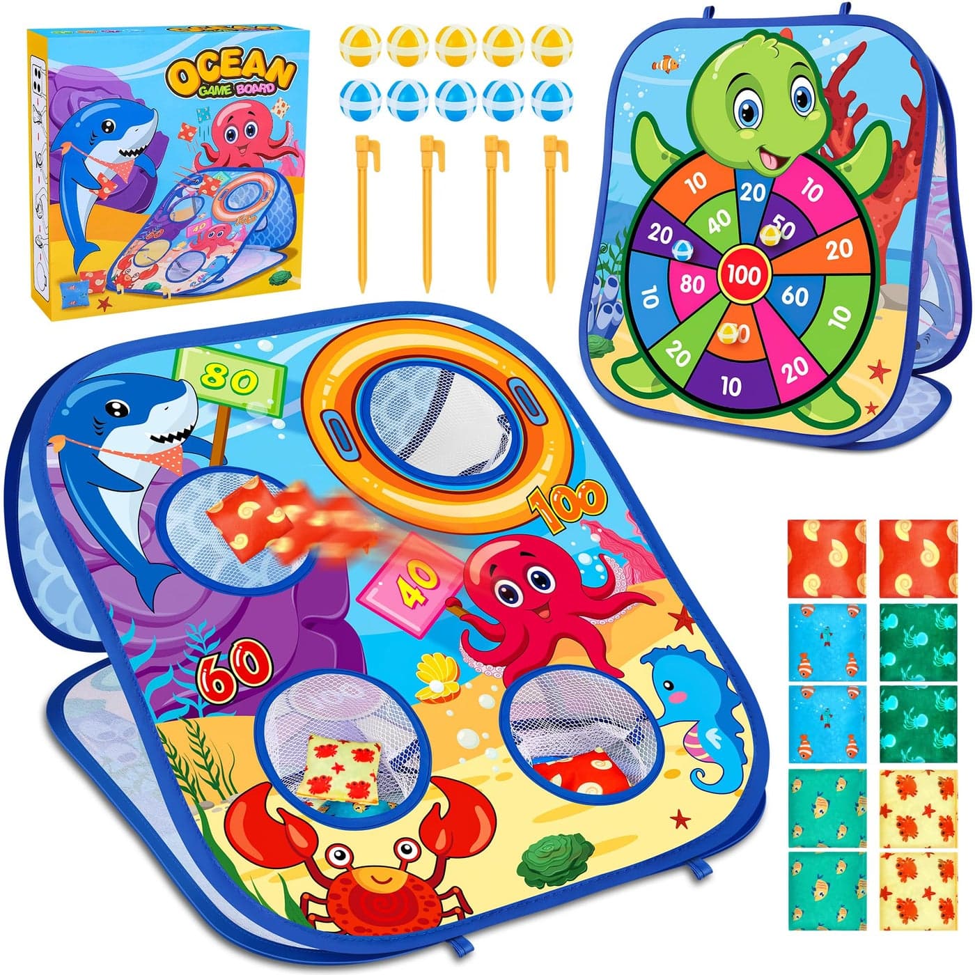 Ocean Bean Bag Toss Game Toy Outdoor Toss Game Family Party Party Supplies for Kids Gift for Boys Birthday or Christmas for Toddlers Ages 3 4 5 6 Year Old Ocean