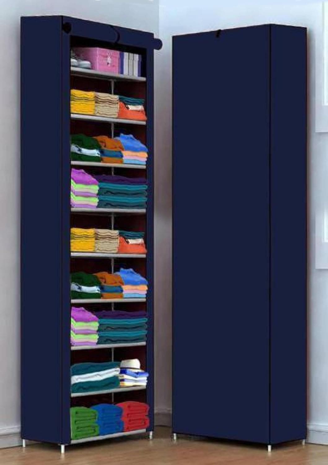 Jaffix Multipurpose Baby WardrobeCabinetMultipurpose Storage Rack Foldable Collapsible Fabric Wardrobe Organizer for Clothes Plastic and Non Woven Fabric Blue 9 Layer