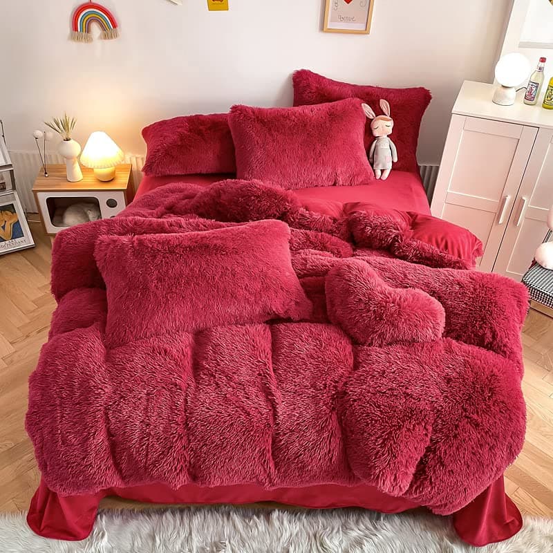 chovy Faux Fur Plush Dark Red Comforter Sets Queen - Ultra Soft Shaggy Flannel Velvet Fluffy Fuzzy 3PC Bedding Set (Comforter x 1 Pillowcases x 2)