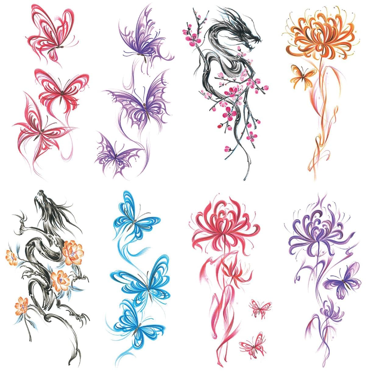 8 Sheets Arm Waterproof Body Art Temporary Tattoos Colorful Red Blue Purple Orange Butterfly Bianan Flower Dragon