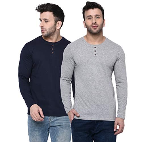 London Hills Cotton Solid Men Full Sleeve Round Neck Regular Fit T-Shirt (Pack Of 2) Grey, X Large