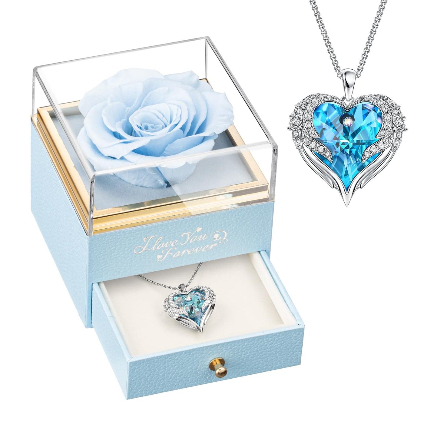 NEWNOVE Preserved Real Light Blue Rose with Angle Wings Necklace Anniversary Birthday Gifts for Women Wife Girlfriend Mom Gift Ideas for Christmas Mothers Day Valentines Day I Love You Gifts for Her