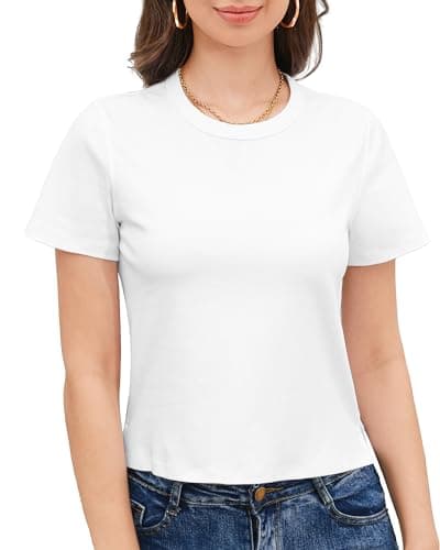 Stelle Women's Cotton T-Shirts Crewneck Short Sleeve Basic Tees Summer Casual Solid Crop Tops(White,S)