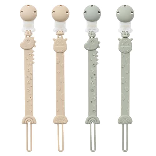 YIVEKO Pacifier Clips for Baby Boys Girls OnePiece Silicone Pacifier Holder Strap 4 Pack Binky Paci Clips Animal Rainbow Design Lightweight BreakResistant Dishwasher SafeIvorySage