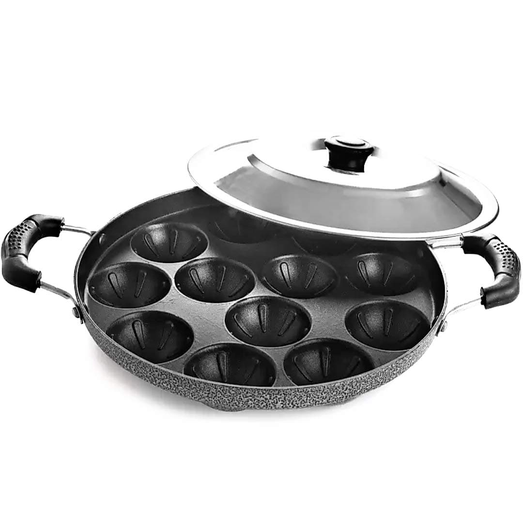 Jet Aluminium Grey 3mm Nonstick Heavy Hemmer Tone Appam Patra 12Pc with Handle and Lid