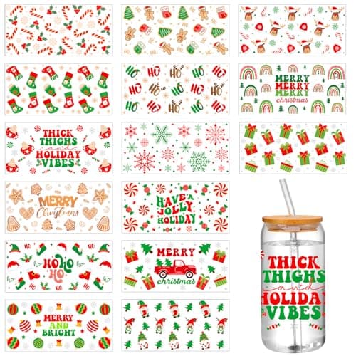 Jetec 15 Sheets Christmas UV Dtf Cup Wraps Red Green Xmas Glass Sticker for Cups Waterproof Rub on Transfers Gingerbread Man Elk Mug Sticker Decals for Crafting DIY Merry Christmas Holiday Vibe
