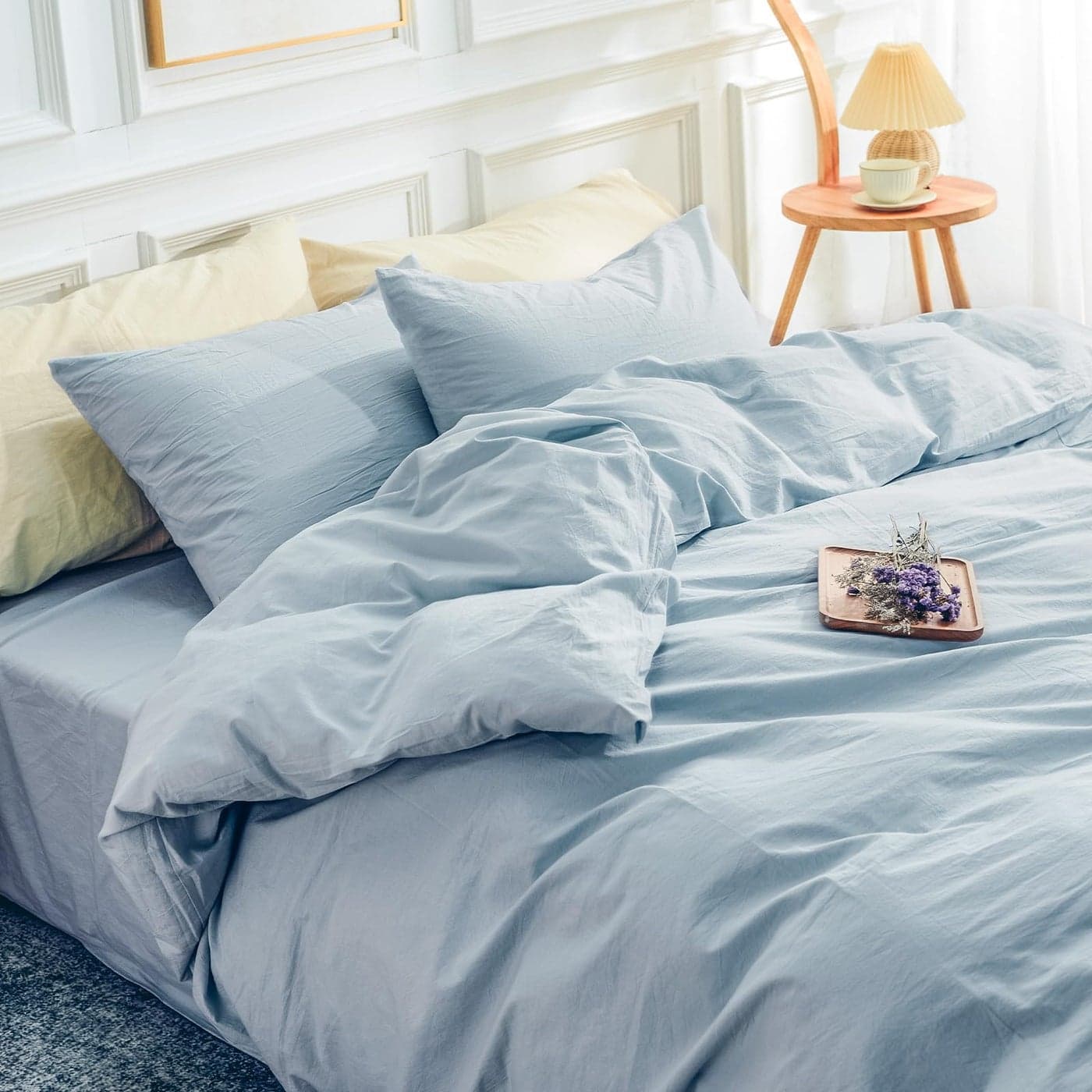 NEXHOME PRO Duvet Cover Set Queen Size Linen Look Textured Organic Natural 100 Washed Cotton Duvet Cover 3 Pieces Bedding Set with Zipper Closure Soft Light Baby Blue No Comforter