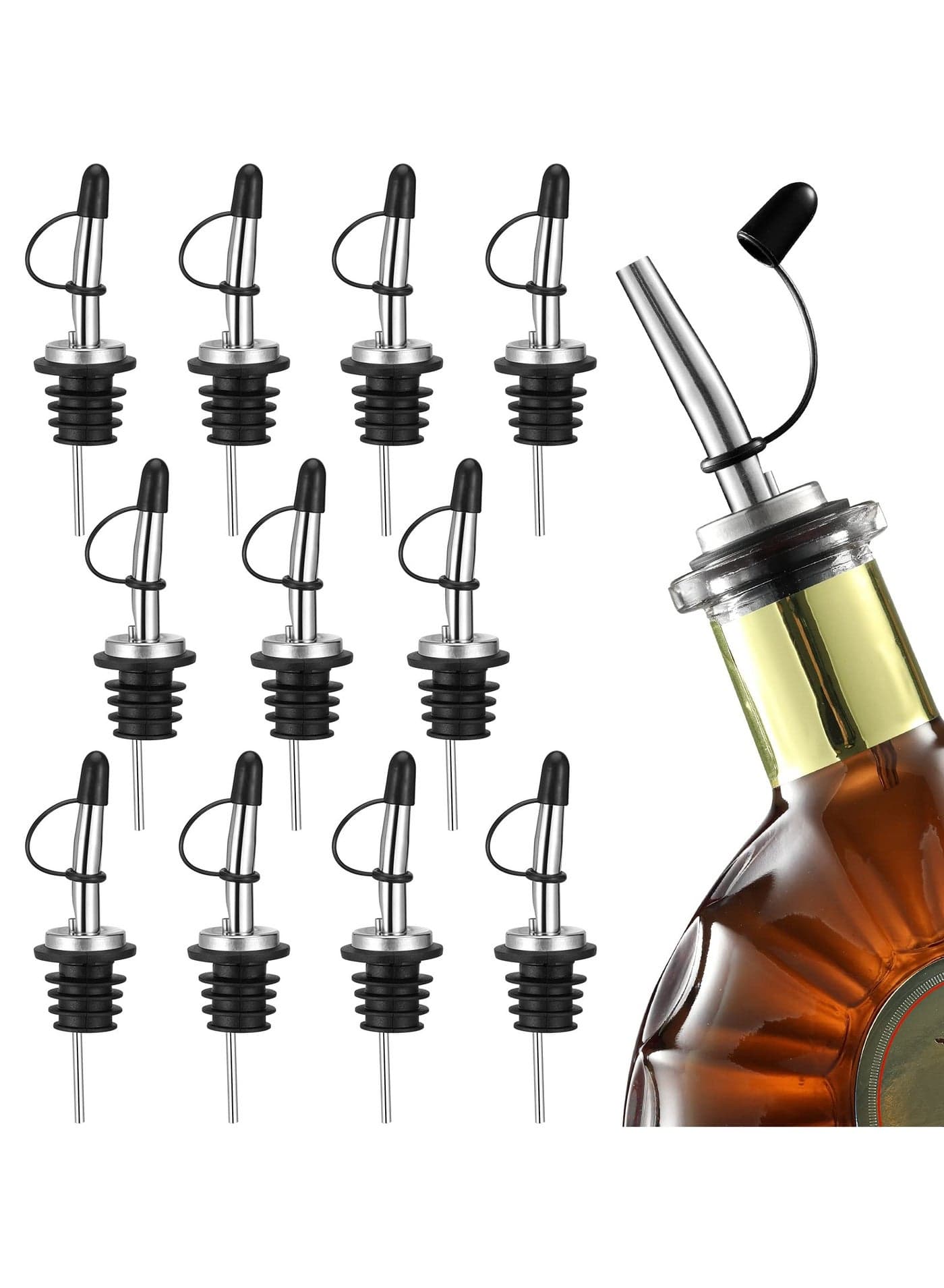 KASTWAVE 12PCS Stainless Steel Liquor Bottle Pourers Pourers with Siamese Rubber Dust Caps, Olive Oil and Vinegar Tapered Stopper Spout, Liquor Pourers Dust Caps Covers with Rubber Dust Caps