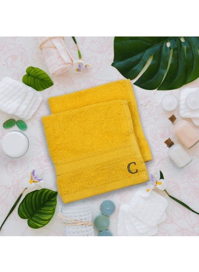 Daffodil (Yellow) Monogrammed Face Towel (30x30 Cm-Set of 6) Premium Cotton, Absorbent and Quick dry, High Quality Bath Linen-500 Gsm Black Thread Letter "C"