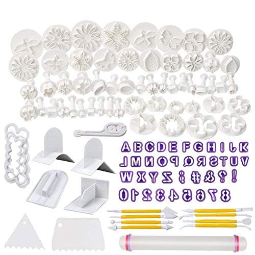 Soleebee 114 Pcs Cake Decorating Tools Fondant Cake Baking Decorating Sugar Craft Icing Tools Plunger Cutters Snowflake Rose Flower Moulds Set Letter Cookie Cutters Rolling Pin Equipment Accessories