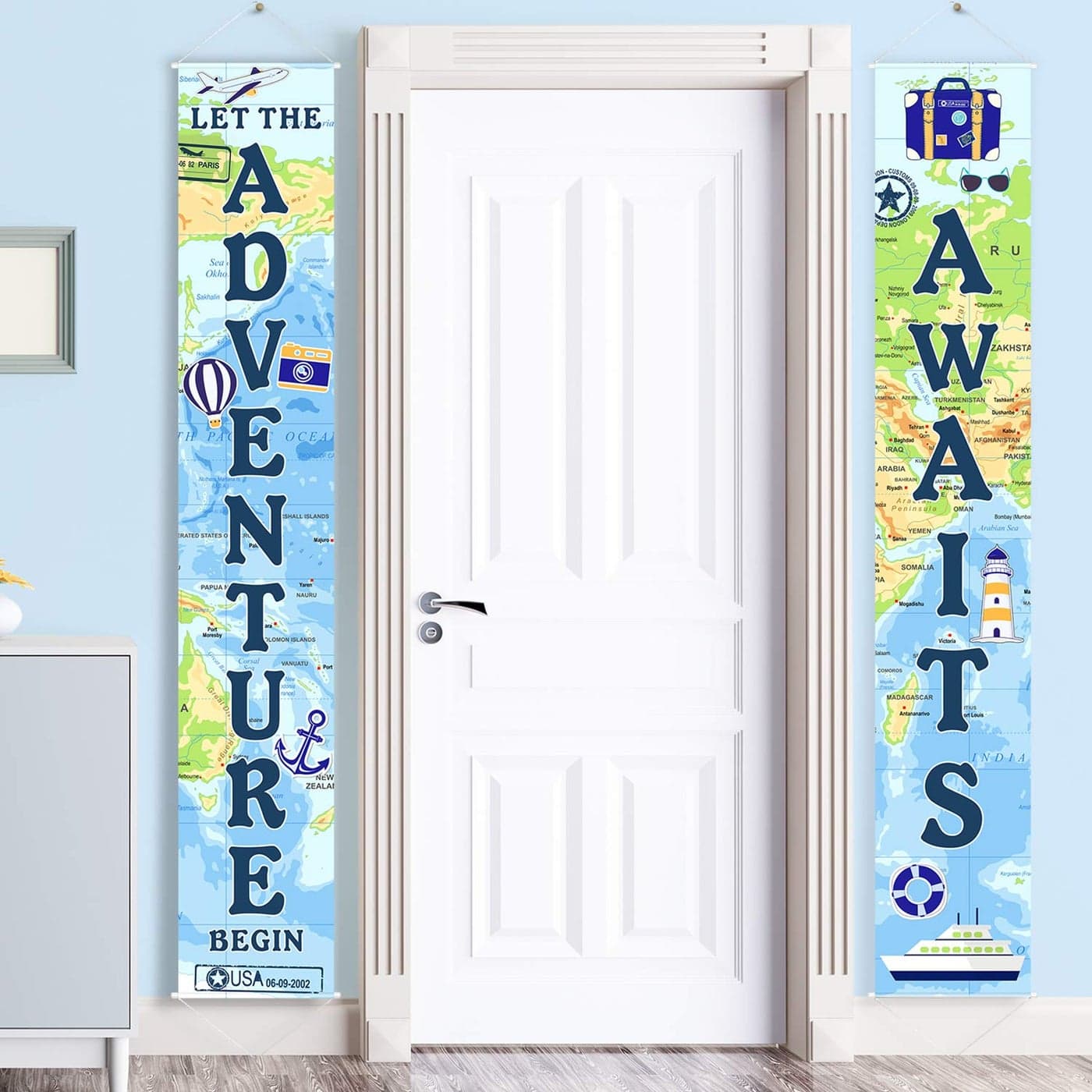 Adventure Awaits Bon Voyage Banner Garland Party Decoration Set Travel Themed Porch Sign Adventure for IndoorOutdoor Retirement Moving Relocation Travel Wedding Bachelorette Party Decorations Blue
