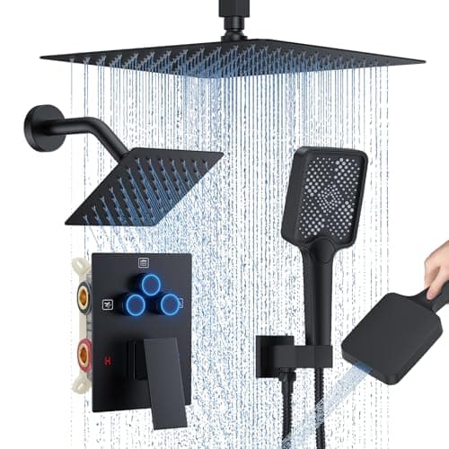 Shower Faucet Set, 12" Ceiling Mount Rainfall Shower System with 2 Rain Shower Head and Multi-function Handheld Head Push Button Diverter Shower Faucet Trim Kit (12", Matte Black)