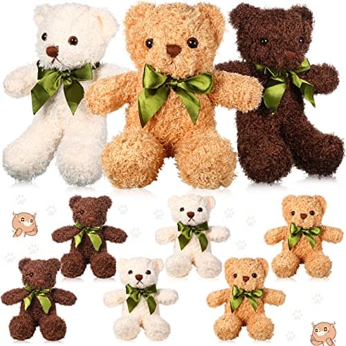 9 Pieces Valentines Day Bear Cute Stuffed Animals 10 Inch Soft Plush Stuffed Bears Toy Gift Bulk with Bow Tie Kids Boys Girls Graduation Baby Shower Birthday Party GiftDark Brown Golden White