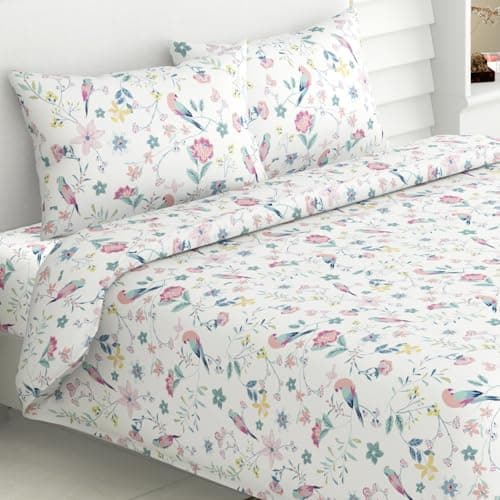 haus & kinder Bedsheet King Size 100% Pure Cotton Floral Bed Sheet with 2 Pillow Covers, 186 TC 108x108 Inches Bedding Set, Soft Breathable Cozy Flat Sheet, Exotic Wings, White