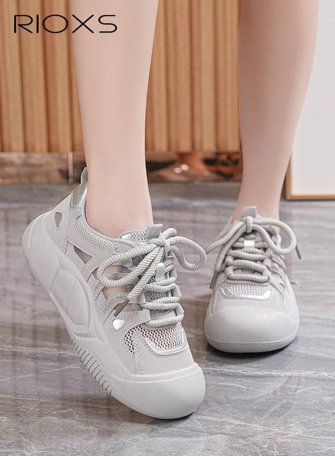 Women's Casual Sneakers, Breathable Mesh Thick-soled Sports Shoes, Casual Lightweight Anti-slip Jogging Athlesiure Shoes, Stylish Lady's Round Toe Walking Shoes Streeter Shoe, Classic Lace-up Trainers Comfy Ladies Sneakers for Workuot/ Work/ Going Out/Daily Wear, Grey