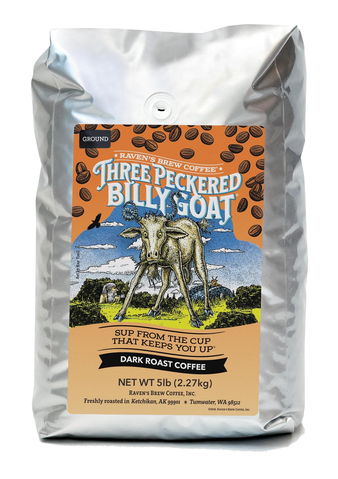 Ravens Brew Coffee Three Peckered Billy Goat 12 Ounce Dark Roast Full Body with a Long Sweet Finish Ground 5 Lb