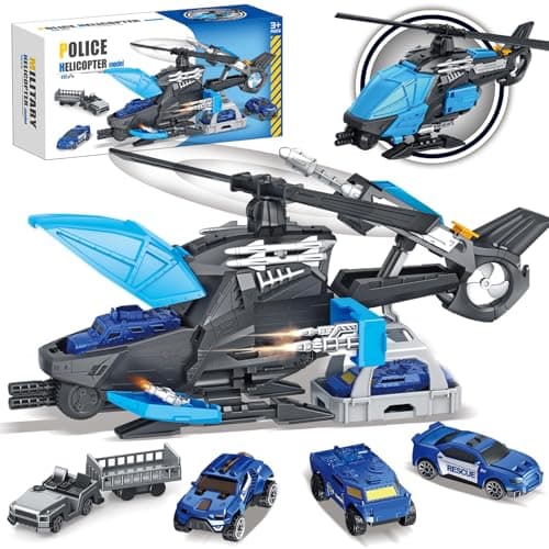Frontoytall Police Rescue Helicopter Toy with Mini Car Accessories Durable Outdoor Playset for Kids Ages 3 STEM Learning Gift for Boys Girls Blue
