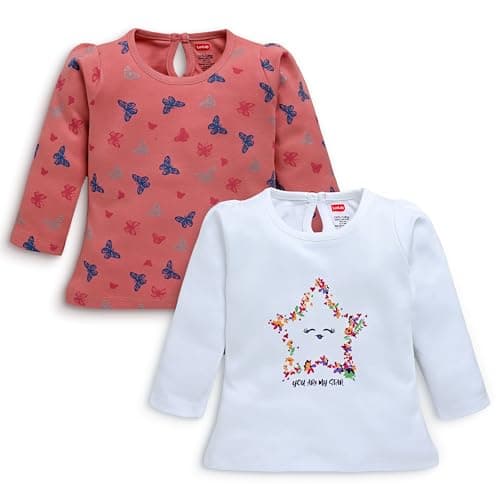 LuvLap Baby Girls 100% Cotton Full Sleeve Girls Top Pack of 2, White & Rosette, XXL (18 to 24 Months)