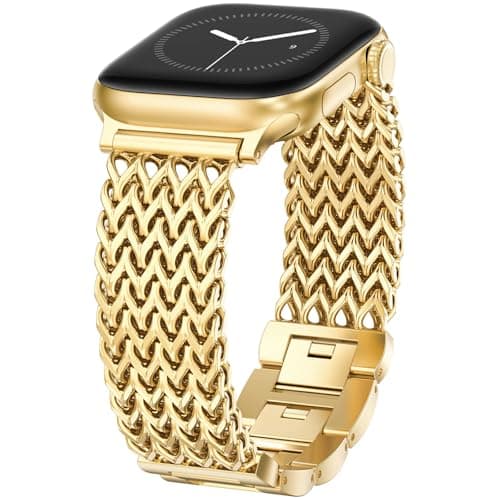 WINGLE Compatible for Gold Apple Watch Band Women Series 11/10 46mm 45mm 44mm 41mm SE 3/2/1 Dressy Stainless Steel Metal Chain Strap Designer Link Bracelet Wristband for iWatch 9 8 7 6 5 4 3 2 1