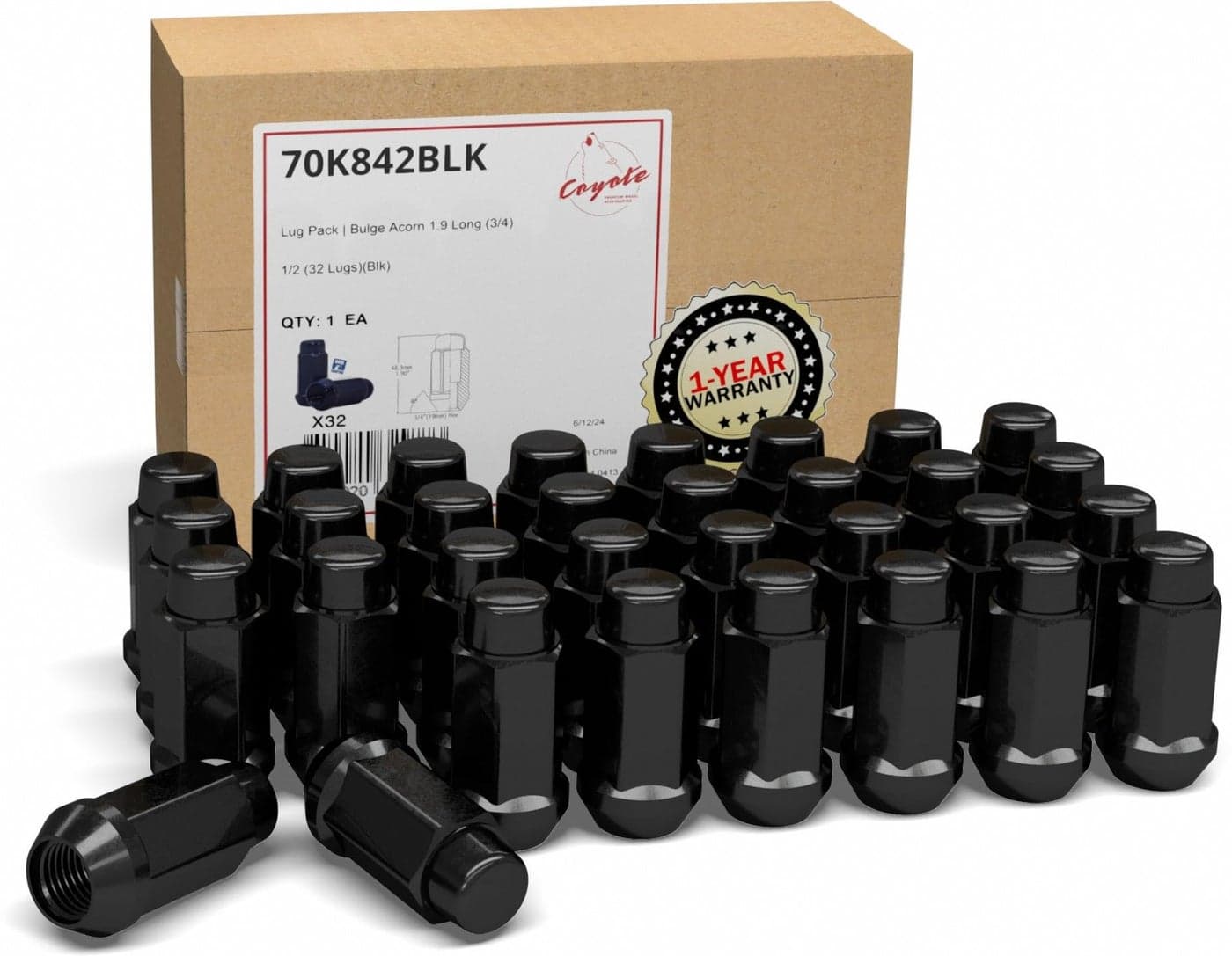 Wheel Accessories Parts 32 Pcs 1/2"-20 Thread Bulge Acorn 1.90" Long Lug Nuts Black Chrome 3/4" 19mm Hex Fits Dodge D200 D250 D350 Chevy C20 C30 K20 K30