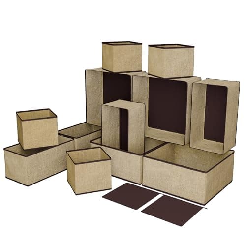 Kuber Industries (12 Pieces) Foldable Drawer Organizer (Jute Fabric) Wardrobe Organizer for Clothes|Storage Box for Socks, Bra, Tie, and Scarfs|Stationary & Cabinet Organizer|Brown, 30x30 cm