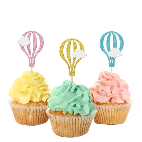 MonMon Craft 24 Pcs Clouds Hot Air Balloon Cupcake Toppers for Baby ShowerRetirement SignGraduation Cupcake DecorTravel Theme Party Cupcake DecorationsPink Sky Blue Gold Glitter