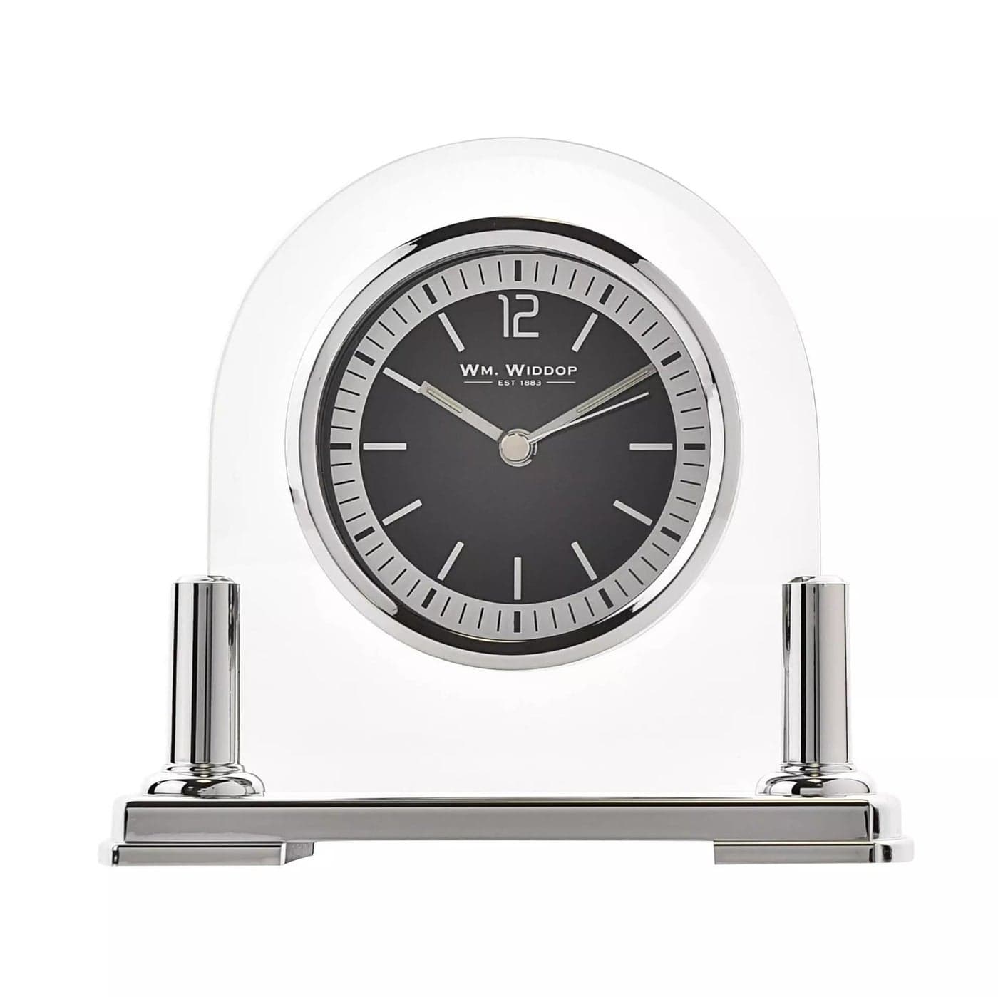 Modern Stylish Glass Silver Two Tone Quartz Arched Design Mantel Clock by Wm Widdop