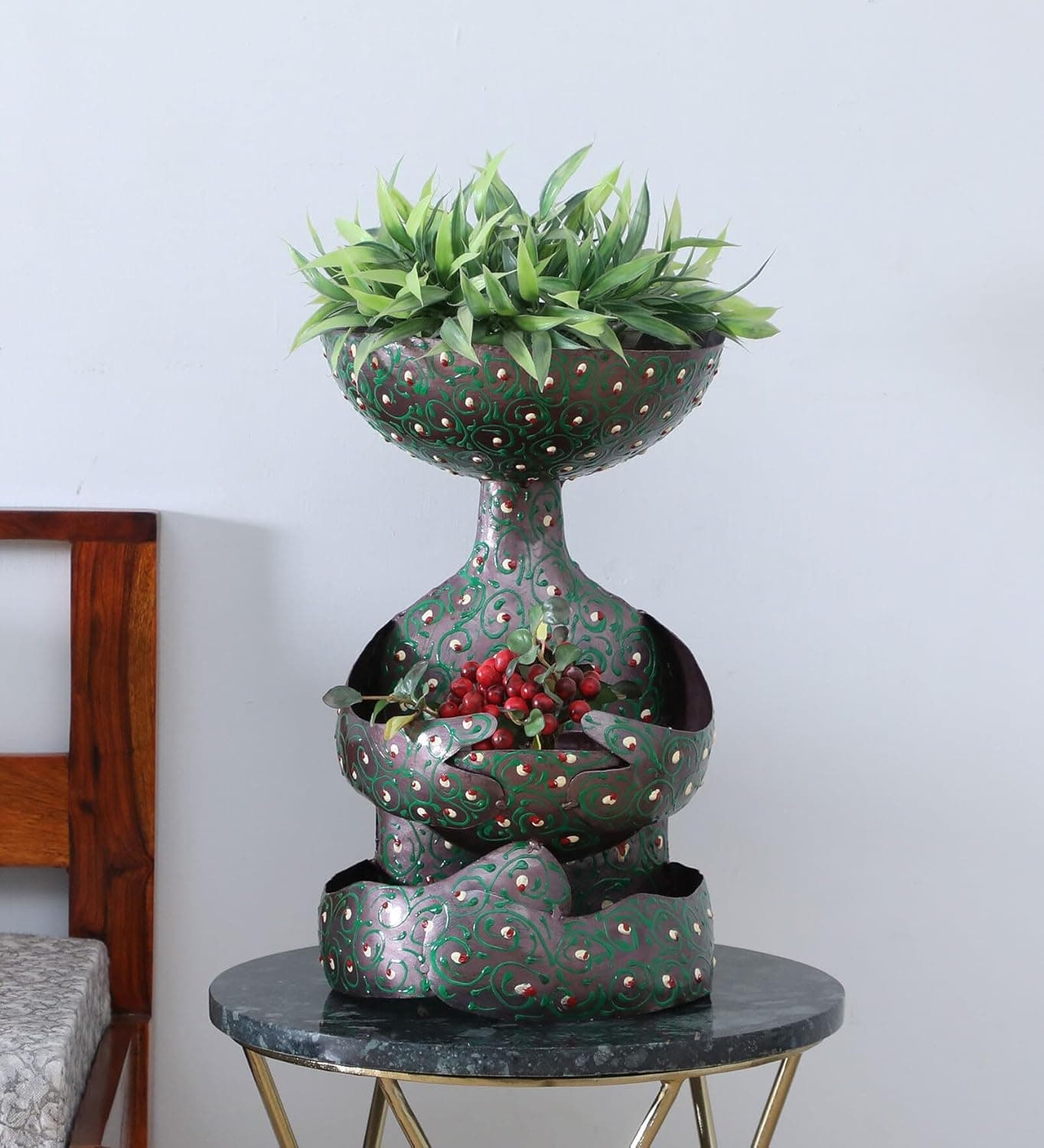 Ujjwal Wood Iron Desk Flower Pot for Home Decor Centre Table Decoration Pots Showpiece Vase Dinning Table Living Room Bedroom Wedding Birthday Office Desk Table Top Green