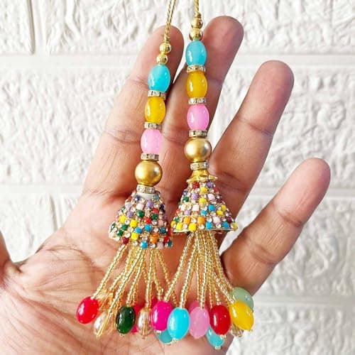 Adikala Craft Store Ethnic Multicolor Glass Beads Latkan Tassel Pack of 2 for Saree Pallu, Blouse, Suits, Dupatta, Lehenga Decor (Multi D3)