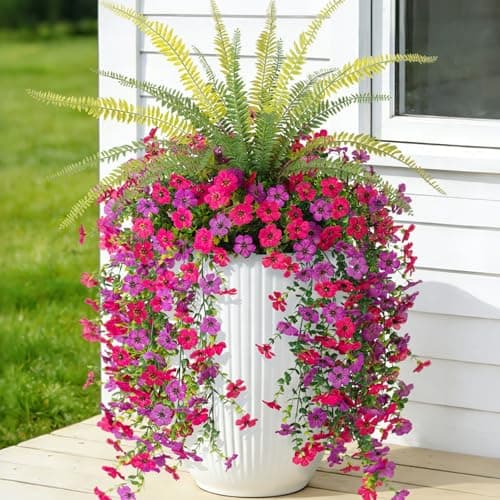 Artificial Fake Hanging Flowers Plants for Outdoor Spring Decoration3 PCS Faux Silk Daisy with Boston FernsUV Resistant Look Real for Outside Home Indoor Planter Porch Patio Balcony Yard Decor