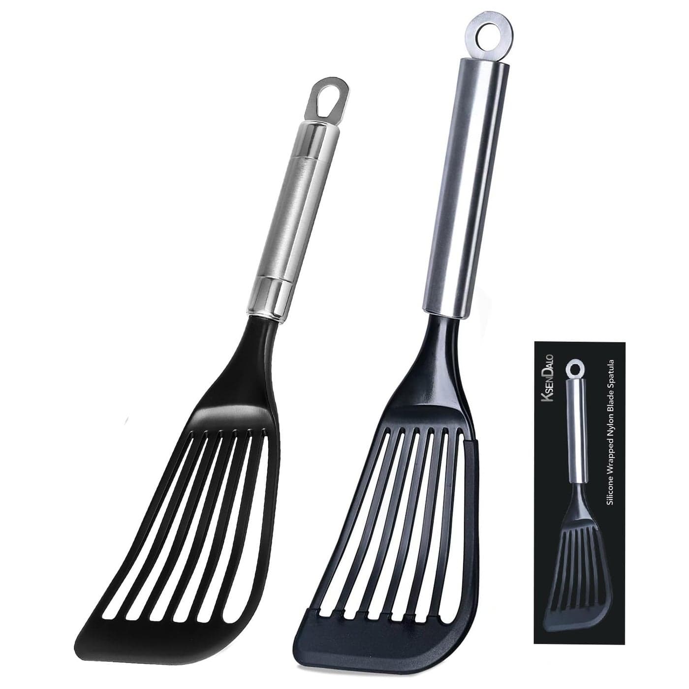 KSENDALO Fish Spatulas for Nonstick Cookware Silicone Fish Spatula Turner for Kitchen use Plastic Pancake Egg Flipper Spatula Thin Flexible Slotted Nylon Blade with Silicone Edge 2Pack