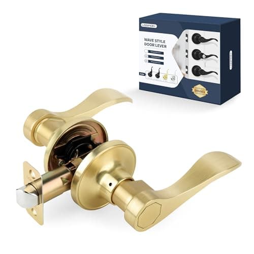 LOQRON Wave Style Door Lever, Brushed Gold Passage Door Handle, Keyless Gold Interior Lever Reversible for Left/Right Handed for Hallway and Closet with Satin Brass Finish, 1 Pack