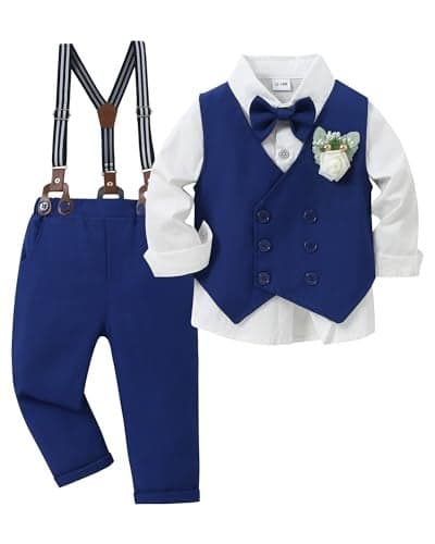 YALLET Toddler Baby Boy Clothes Suit Gentleman Wedding Outfits, Formal Dress Shirt+Bowtie+Vest+Boutonniere+Suspender Pants(V Blue, 18-24 Months)