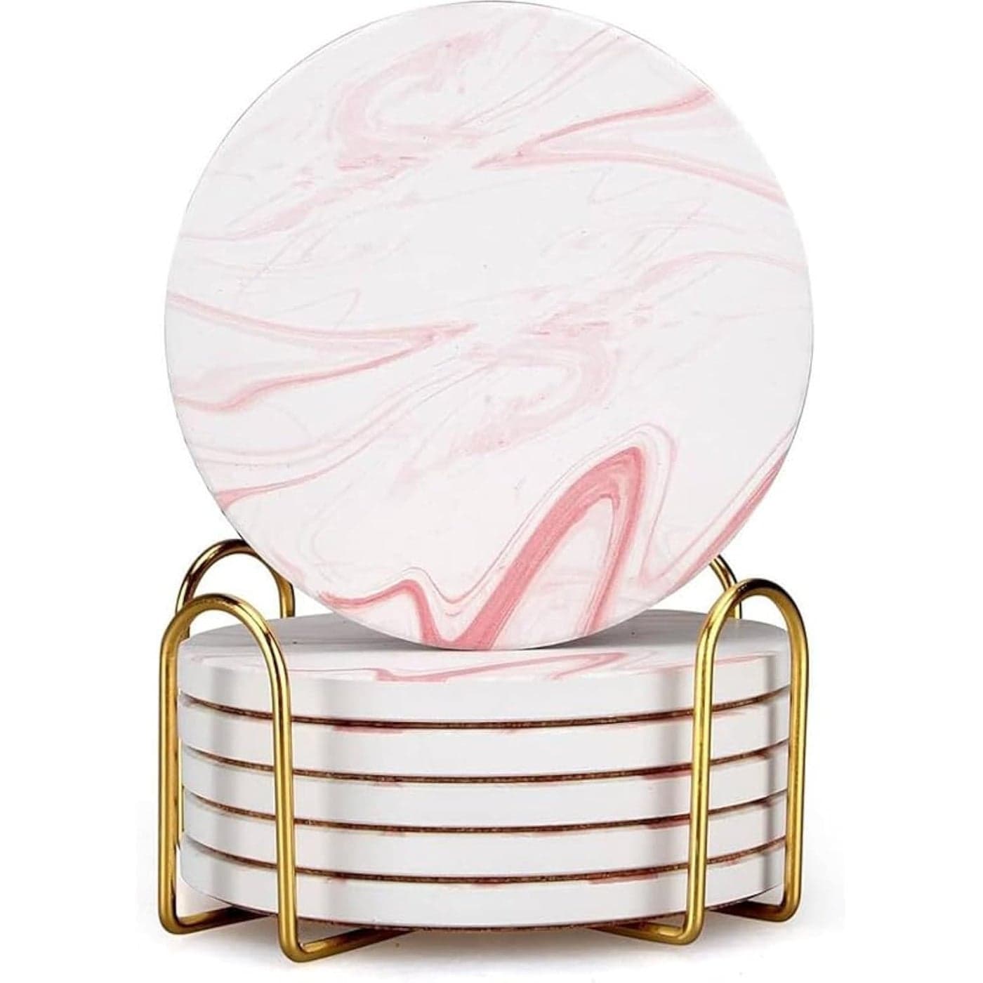 Cute Pink Marble Coasters Set of 6 Pack Stone Coffee Table Decor Absorbent Ceramic Cup Coaster with Holder Decorative Tea Bar Accessories Gift Kitchen Desk Coster Drink Modern Funny Aesthetic Coasters