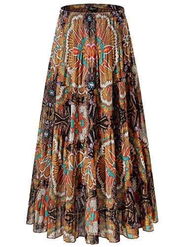 NASHALYLY Women's Chiffon Elastic High Waist Pleated A-Line Flared Maxi Skirts(Flower-205,2XL)
