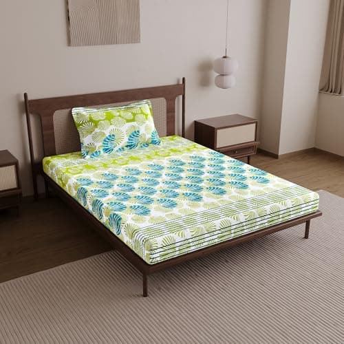 Divine Casa 100% Cotton Bedsheet for Single Bed with 1 Pillow Cover | 144 TC for Every Day Use | Soft Breathable Seasons | Size 223 x 145 cm | Ocean Green, Ethnic Motifs