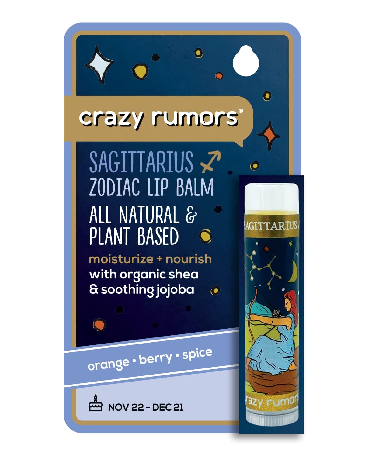 Crazy Rumors Sagittarius Zodiac All Natural Plant Based Lip Balm to Moisturize and Nourish your Lips Fire Blend Sweet Orange Fresh Berry Aromatic Spice