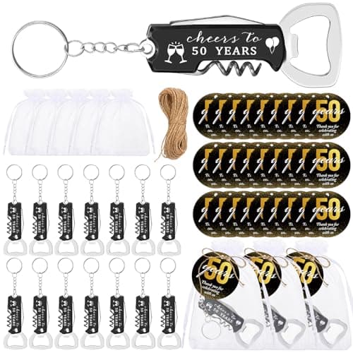 Jingmore 30 Set 50th Birthday Party Favors for Guests Bottle Opener Keychains Bulk Thank You Cards with Organza Gift Bags for Birthday Anniversary Souvenirs, Cheers to 50 Years