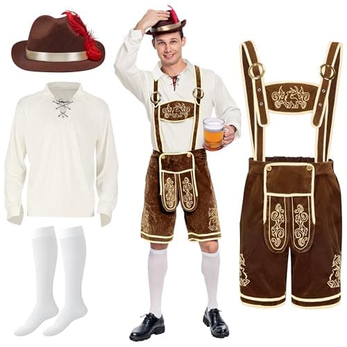 Spooktacular Creations Halloween Men Oktoberfest Costume Set, Lederhosen Men with German Bavarian Hat, Beer Costume, Adults Halloween Brown Outfit for Beer Festival Party (Large)