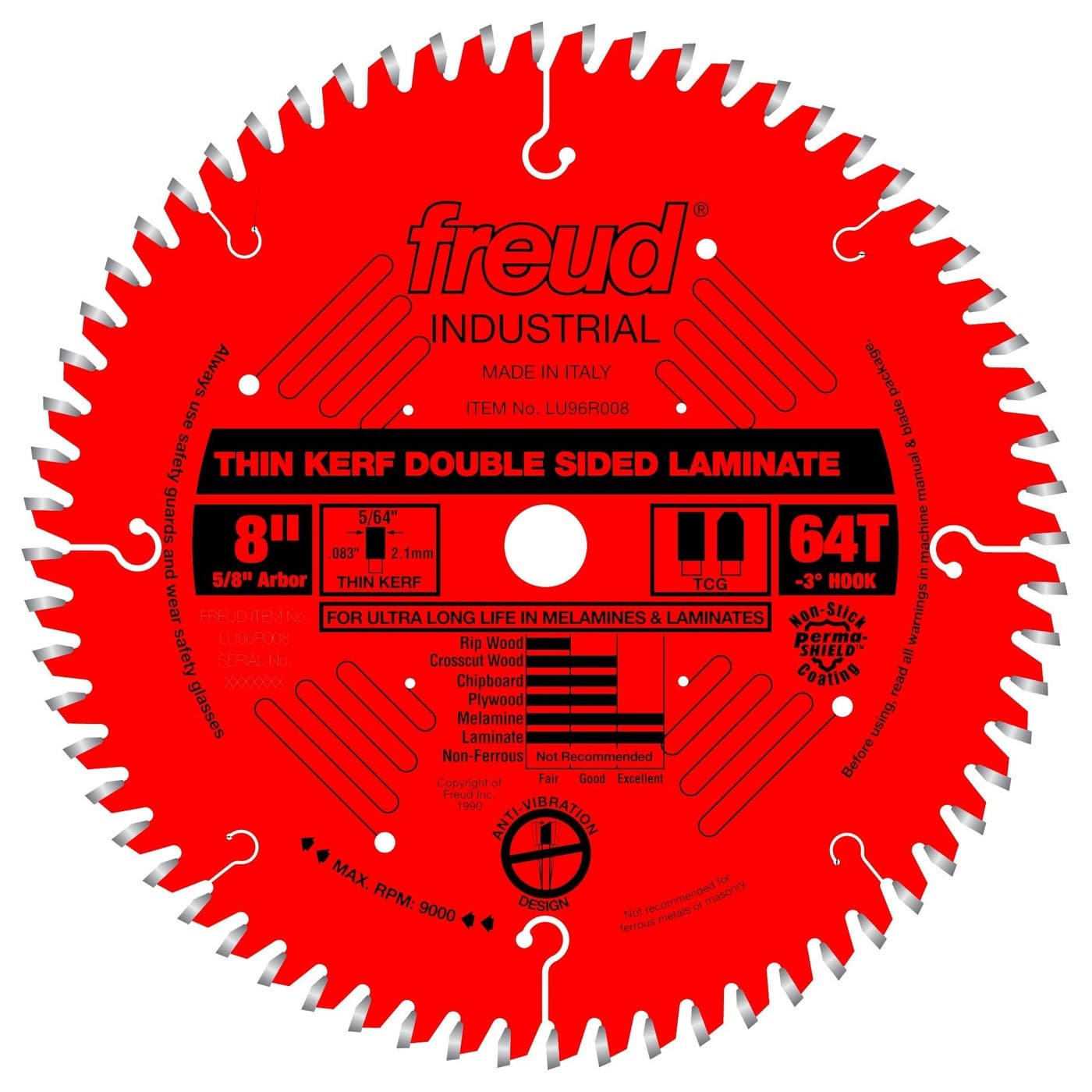Freud LU96R008: 8" x 64T Thin Kerf Double Sided Laminate/Melamine