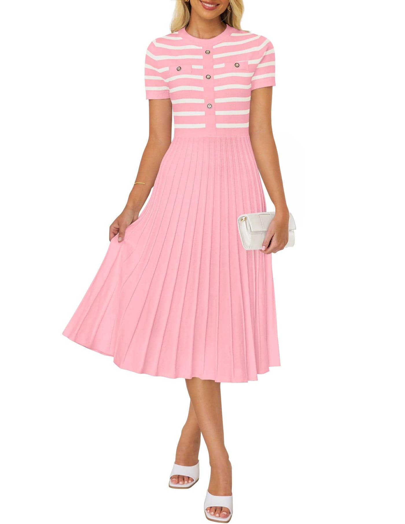 ZESICA Women's 2025 Casual Striped Midi Dress Crewneck Short Sleeve Button Ribbed Knit Swing Pleated A Line Dresses,Pink,X-Large