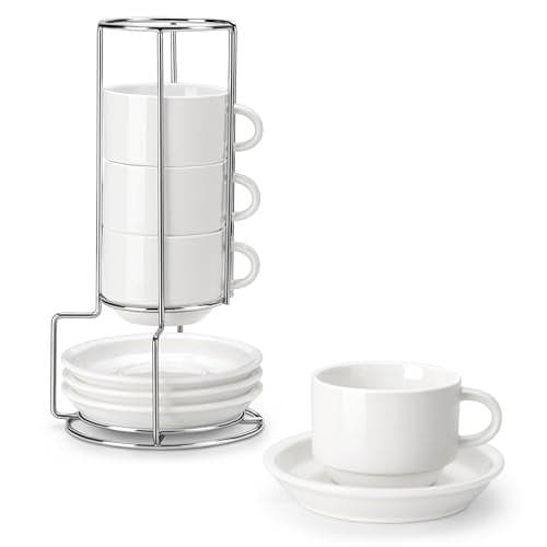 MALACASA 8 OZ Porcelain Espresso Cups with Saucers and Metal Stand Set of 4 Stackable Cappuccino Cups White Expresso Shots Cup Set for Coffee Drinks Latte Tea