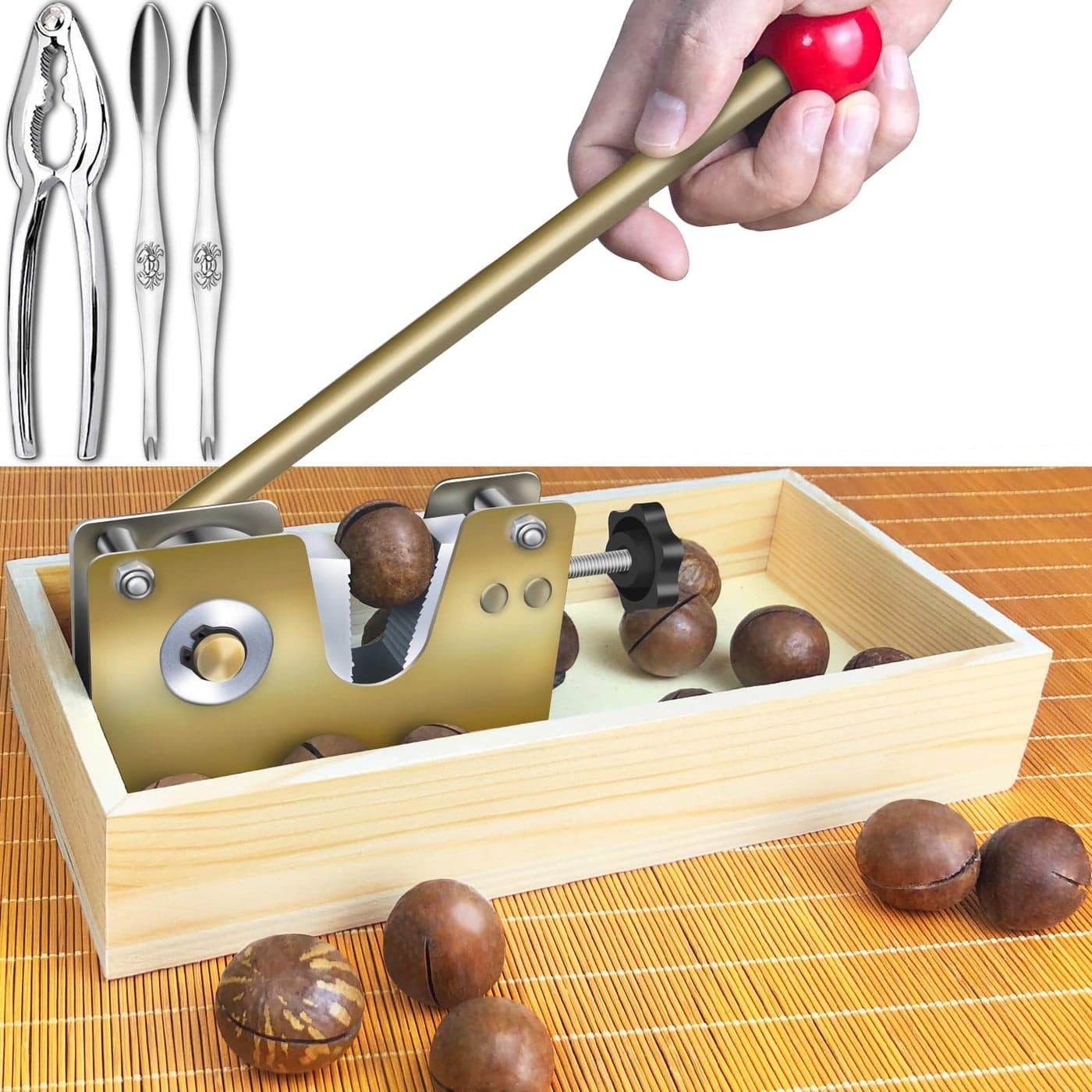 Artcome Heavy Duty Macadamia Nut Cracker Tool with 1 Crab Cracker 2 Wide Crab Forks Wood Handle Base with Rectangular Wooden Box Base for Walnuts Almonds Pecans Hazelnuts Macadamia Nut etc