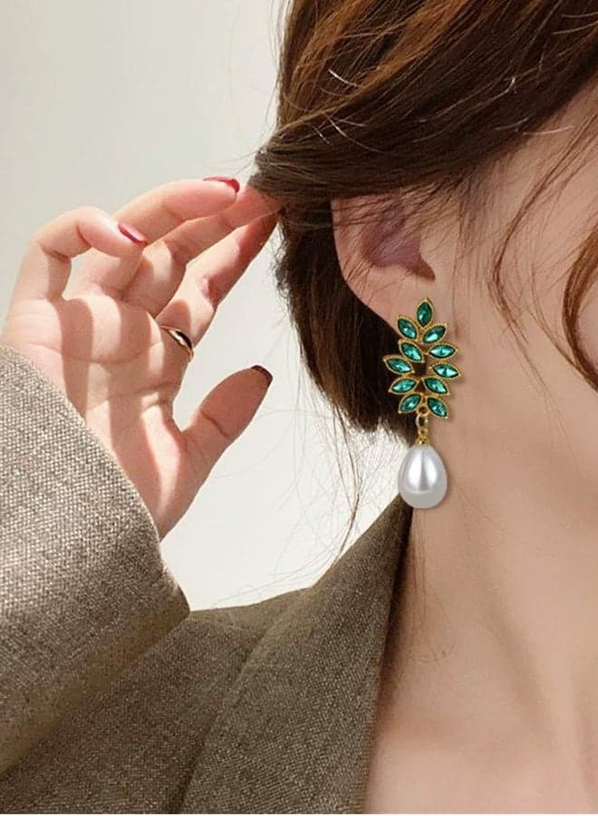 Elegant Gold Tone Leaf Drop Earrings with Teardrop Green Gemstone and White Pearl Dainty Statement Jewelry Gift for Women/Girls, Party, Wedding, Daily Wear, Valentine's Gift